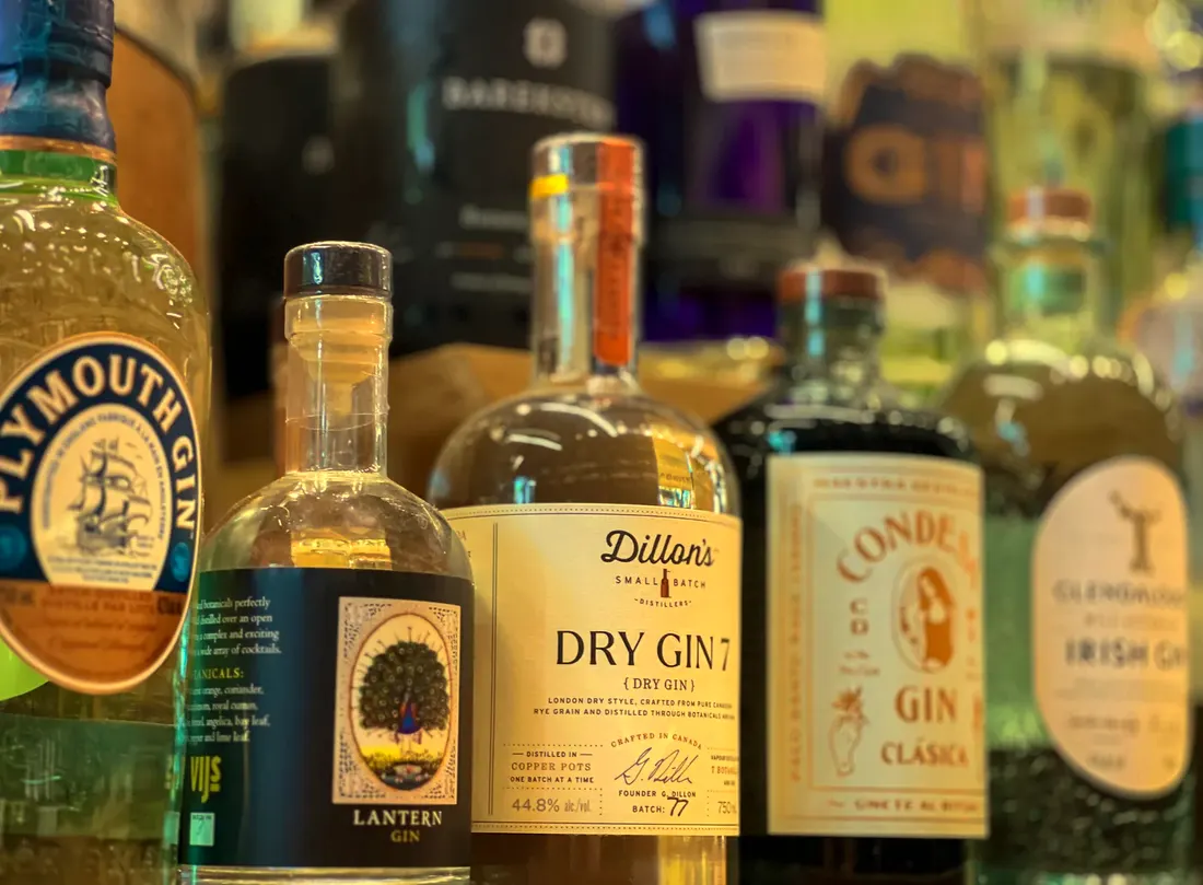 Gin bottles on our shelf